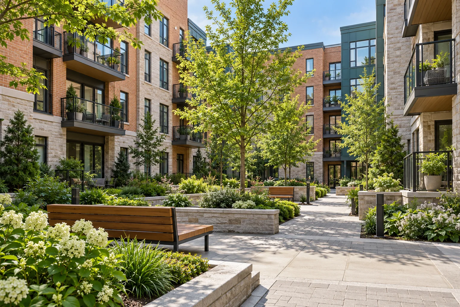 Illustrative landscaped apartment courtyard with brick buildings and benches