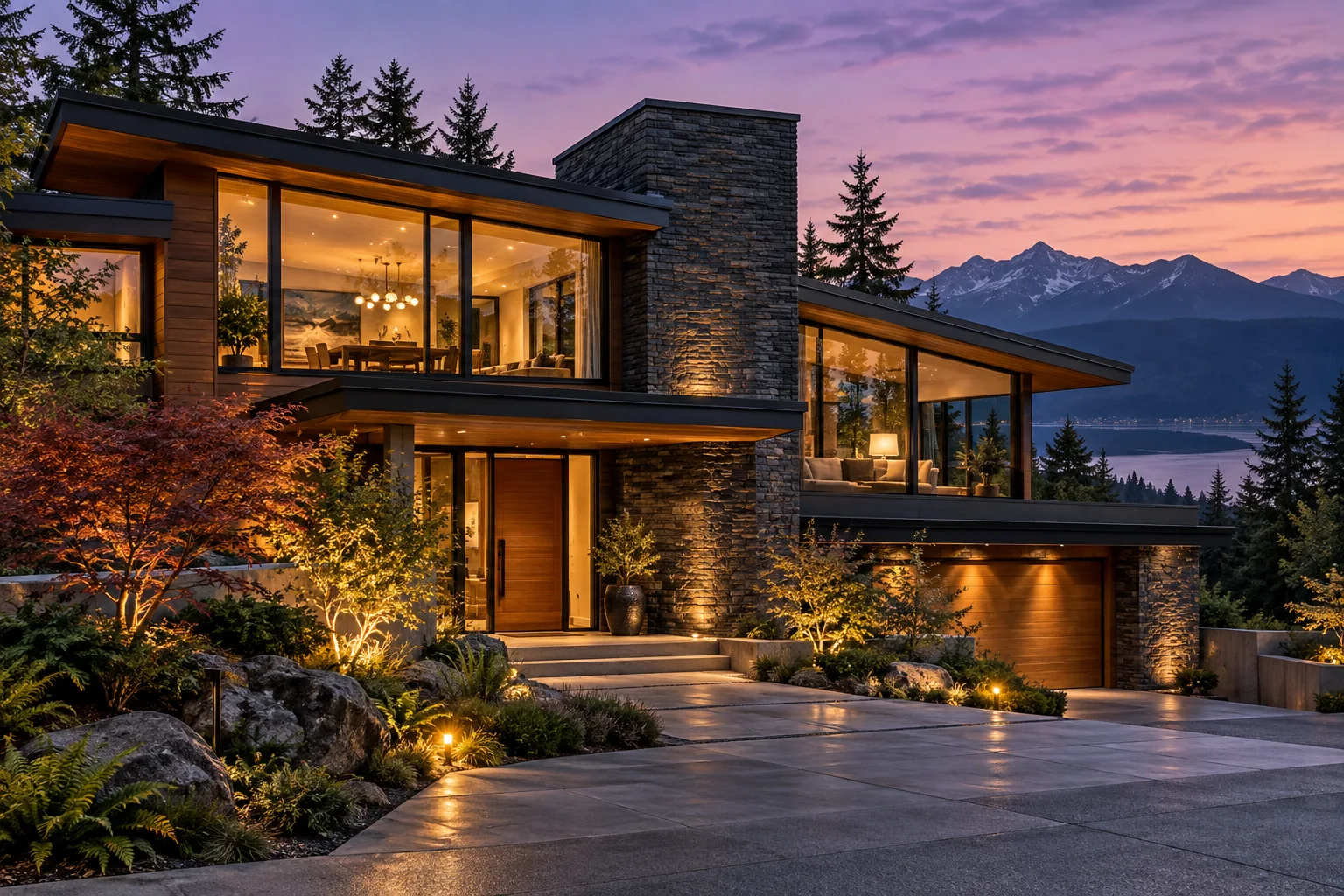 Illustrative cedar house with mountain views at dusk